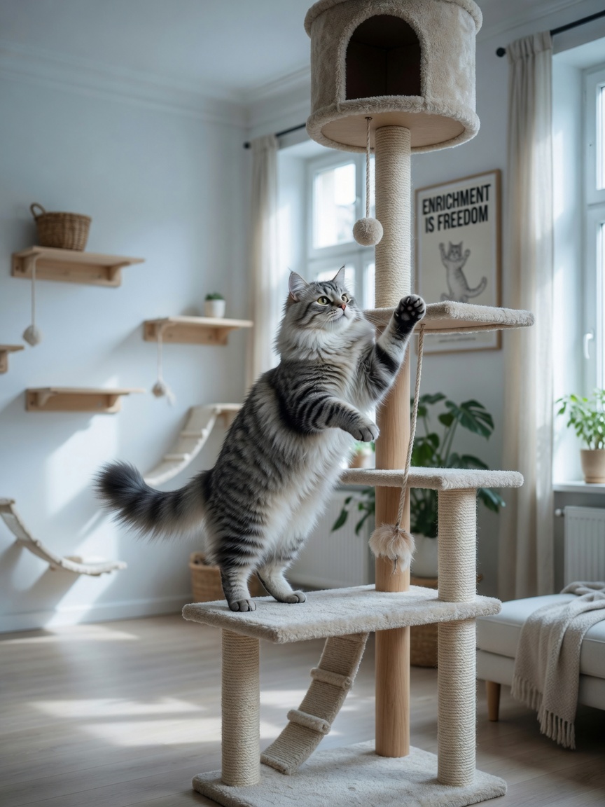 Große athletische Sibirische Katze erklimmt einen hohen Kratzbaum mit vollem Fell und Quasteneigenschaften