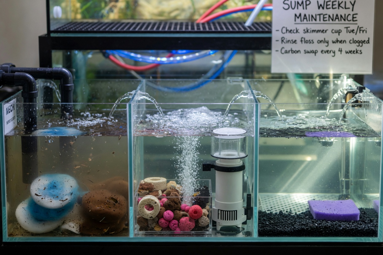 Sump tank showing multi-stage filtration system with mechanical, biological, and chemical filter media organized in separate chambers