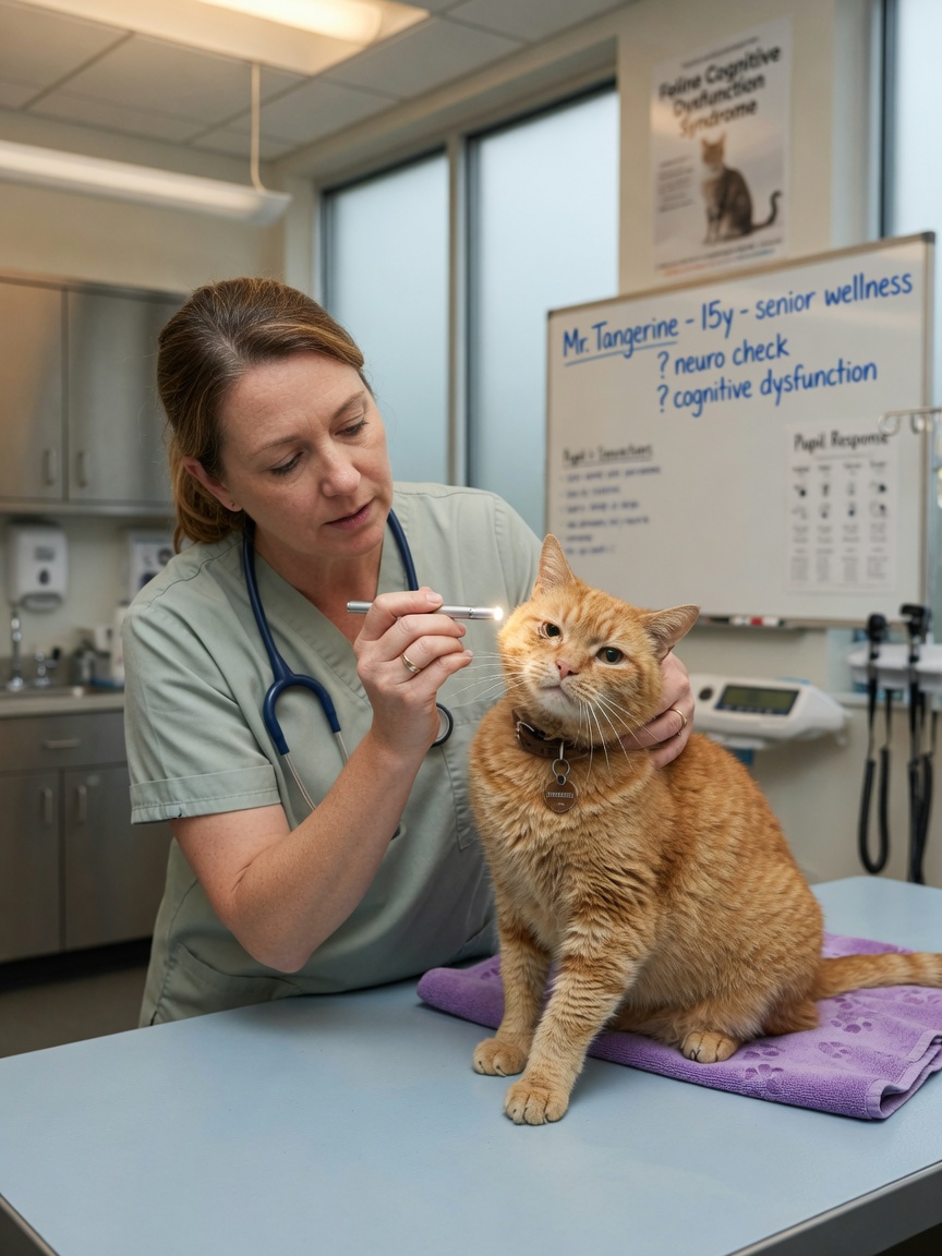 Veterinarian performing neurological examination on senior orange cat with penlight in clinic
