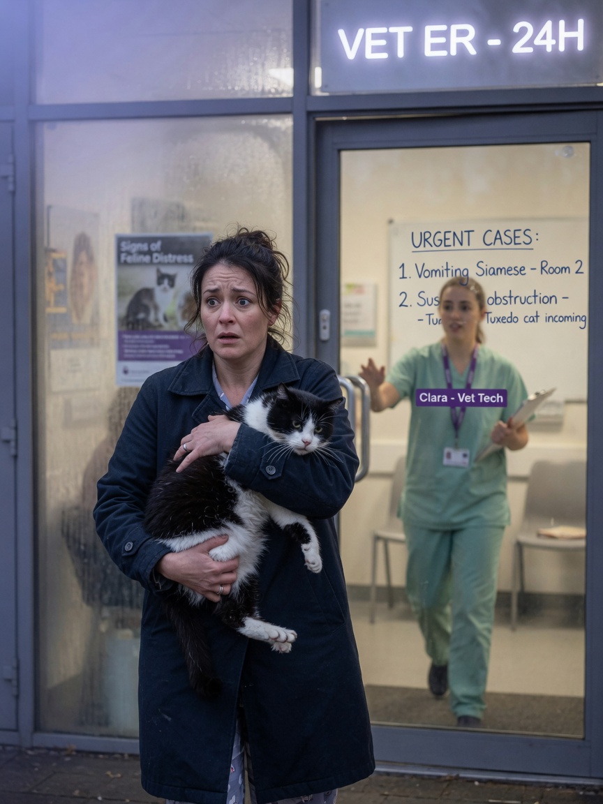 Cat owner rushing into emergency vet clinic carrying lethargic black and white cat