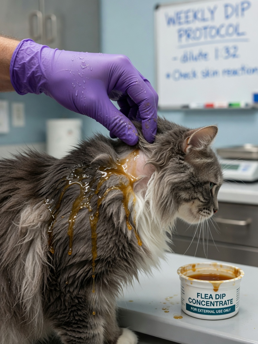 Primer plano de la solución de baño antipulgas siendo aplicada al pelaje húmedo de un gato durante el tratamiento