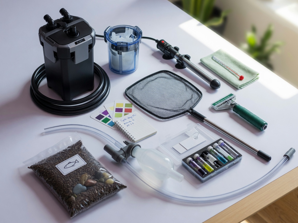 Collection of aquarium equipment including filter, heater, net, algae scraper, and maintenance tools arranged on white surface