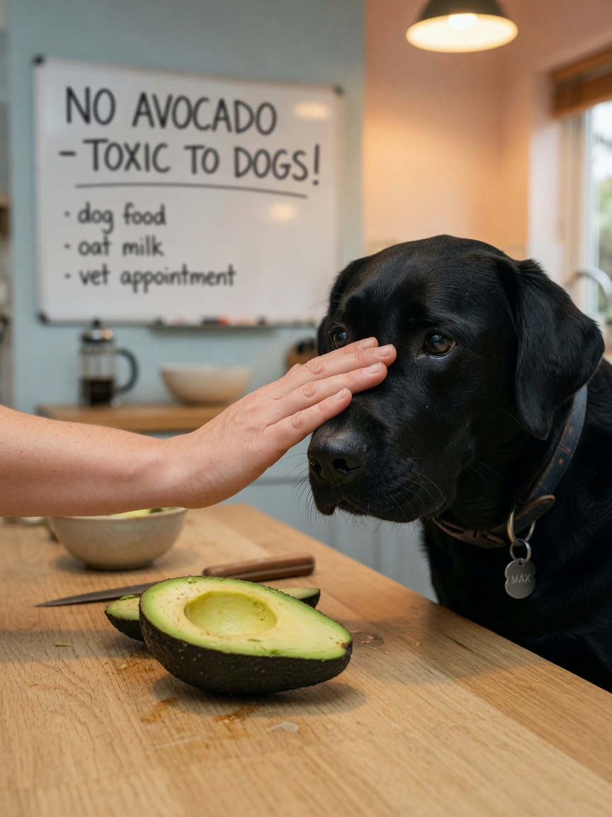 Owner's hand preventing a black Labrador from reaching toxic avocado on a kitchen table
