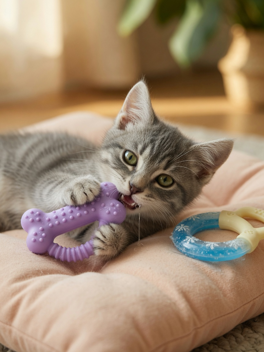 A teething kitten chewing on a soft rubber toy to soothe sore gums