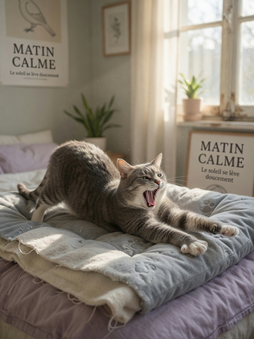Eine grau-weiße Katze, die sich auf einem gemütlichen Bett streckt und gähnt, und demonstriert das natürliche Gähnverhalten beim Aufwachen im Morgenlicht.
