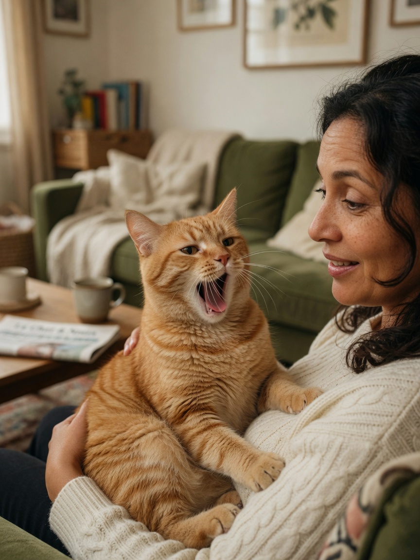 Eine orange getigerte Katze, die gähnt, während sie auf dem Schoß eines Besitzers sitzt, und die durch das Gähnen ausgedrückte Bindung und das Vertrauen in felinem Verhalten demonstriert.