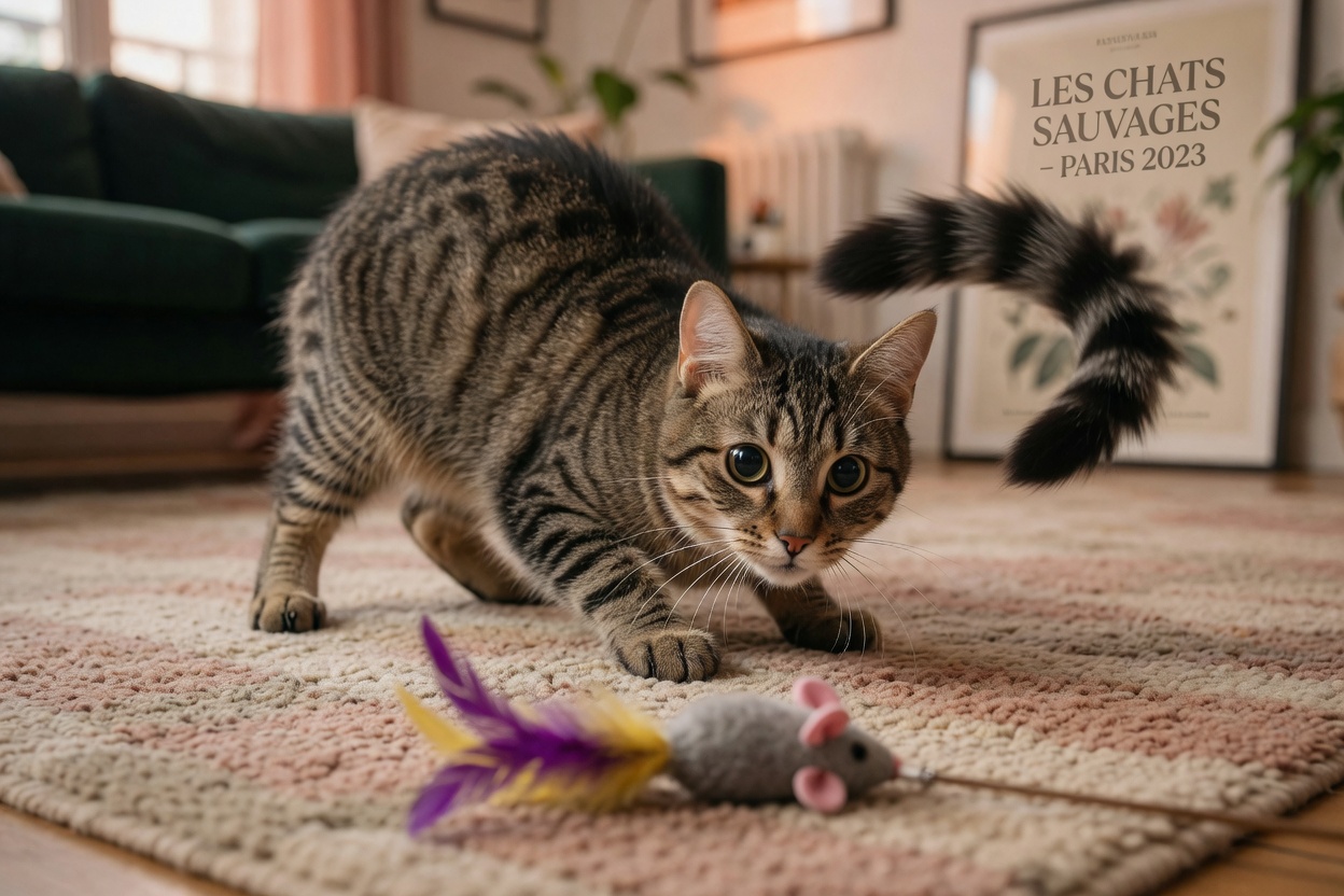 A cat in hunting crouch position with tail swishing, ears forward, focused on a toy during active playtime