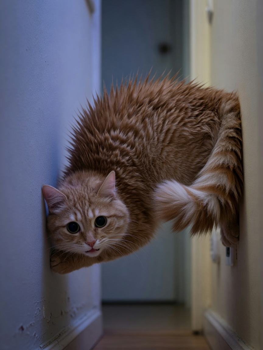 A frightened cat with a dramatically puffed bottle-brush tail, flattened ears, and defensive arched back showing fear response