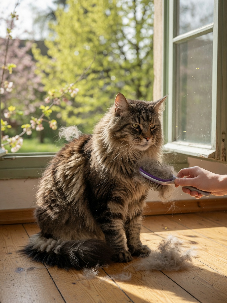 Gato Maine Coon siendo cepillado durante la muda primaveral con pelaje suelto visible y vistas primaverales a través de la ventana