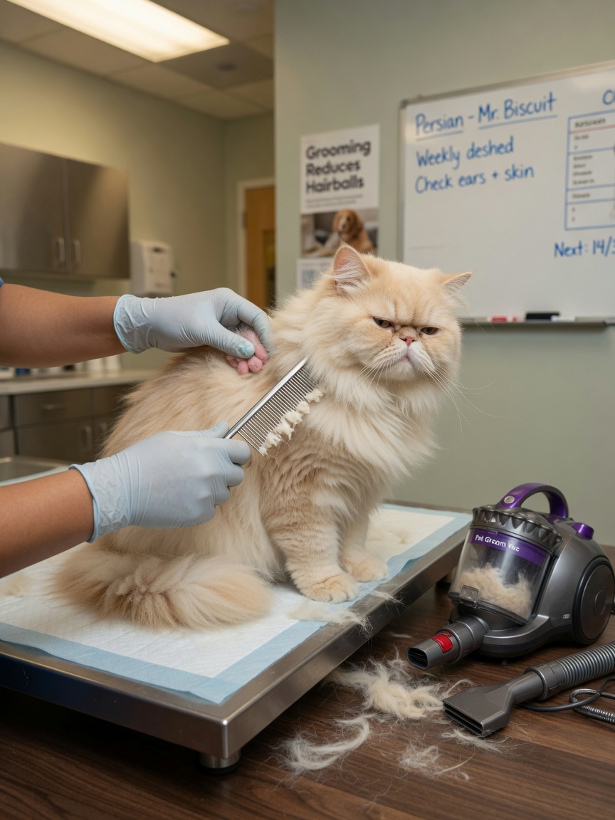 Gato Persa siendo acicalado profesionalmente con peine de metal y aspirador para mascotas visible durante una sesión de gestión de la muda