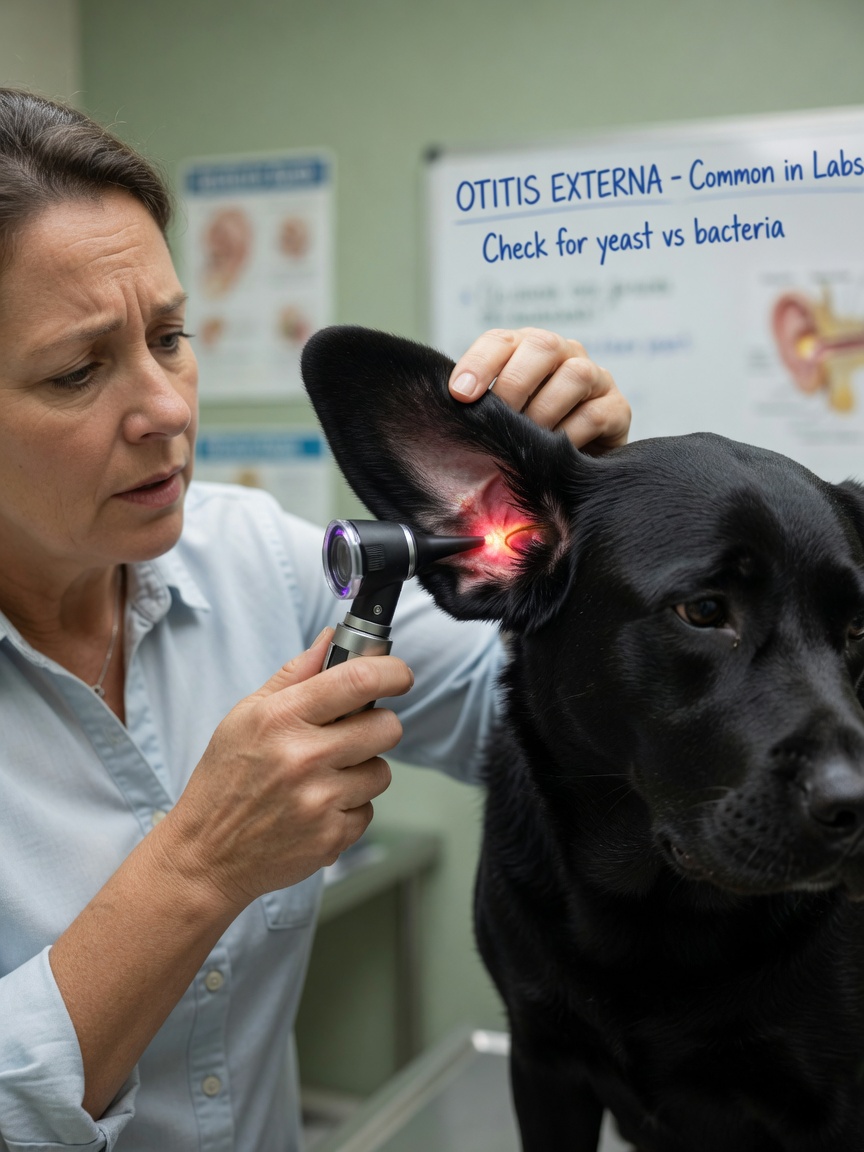 Veterinarian examining dog's ear for bacterial infection with otoscope