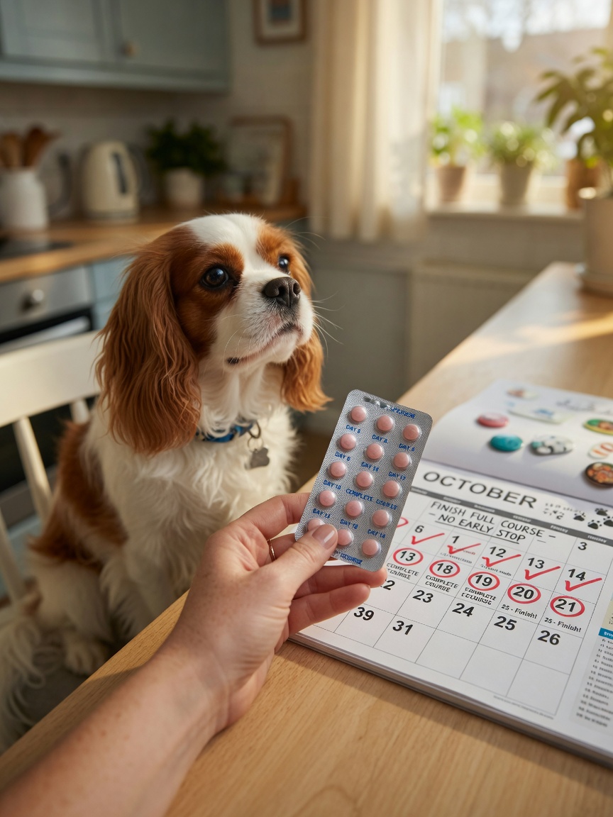 Dog owner with antibiotic tablets and marked calendar showing full treatment course