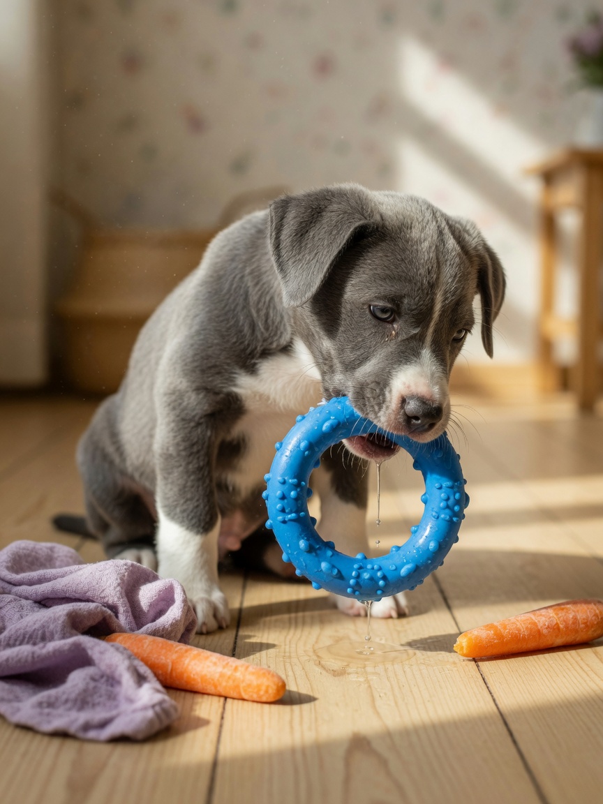 Teething puppy chewing on a blue rubber toy with frozen carrots and flannel nearby