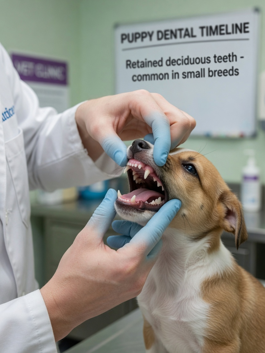 Veterinarian examining a small puppy's mouth for retained baby teeth during a dental checkup