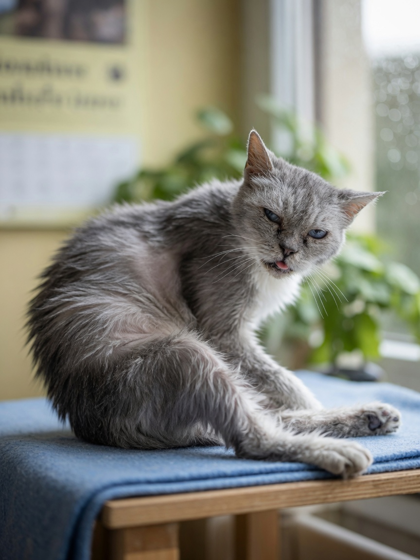 A senior cat with grey-streaked coat stretching carefully, displaying physical aging signs including joint stiffness and coat changes