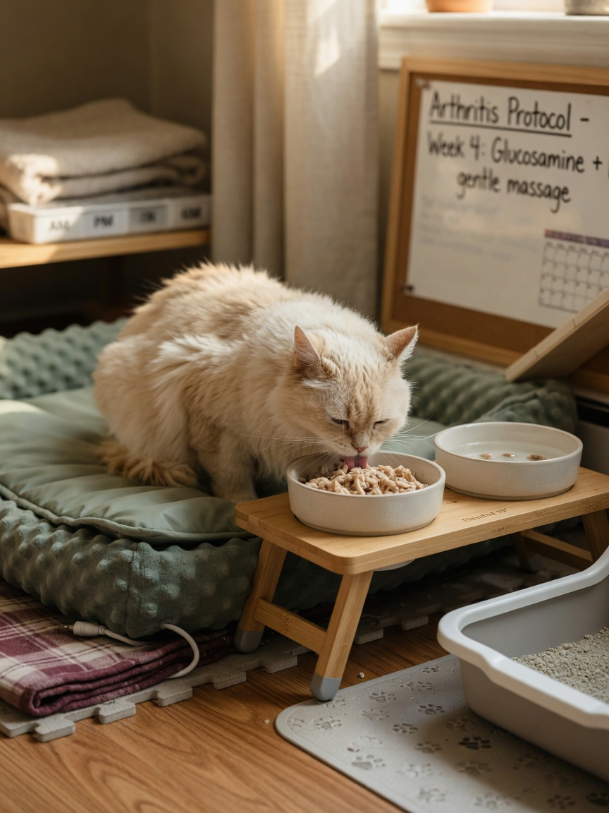 A senior cat eating from raised bowls on an orthopedic bed, showing home accessibility adaptations for aging cats