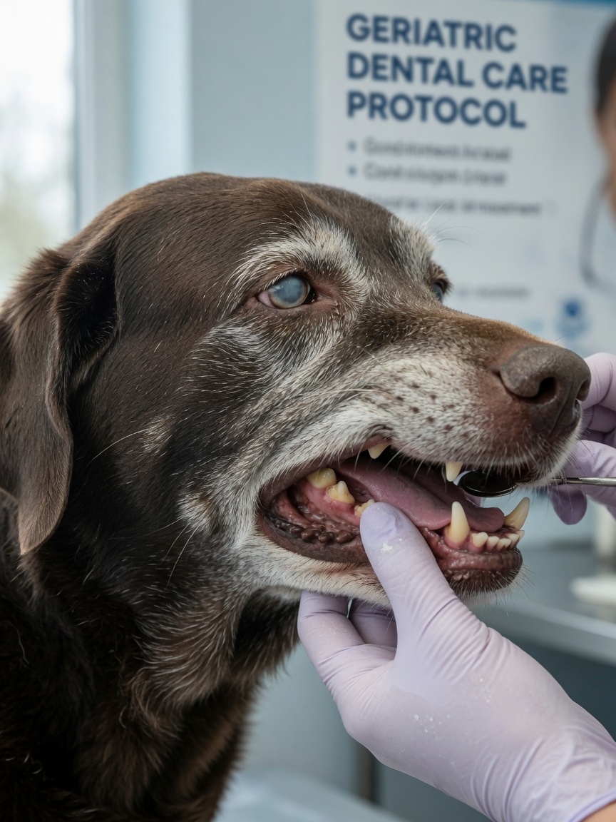 Close-up of senior Labrador's greying muzzle and face being gently examined by veterinarian's hand to check dental health