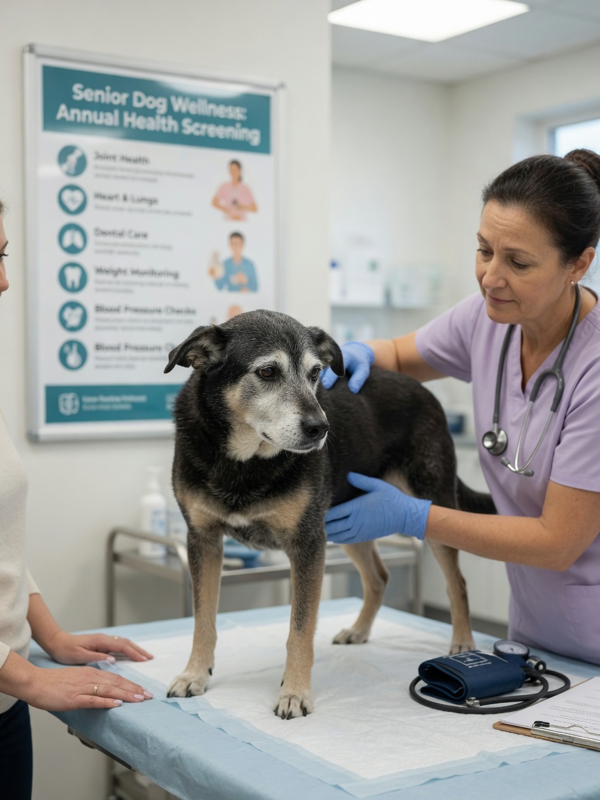Senior dog on veterinary examination table being carefully examined by veterinarian with stethoscope during health screening