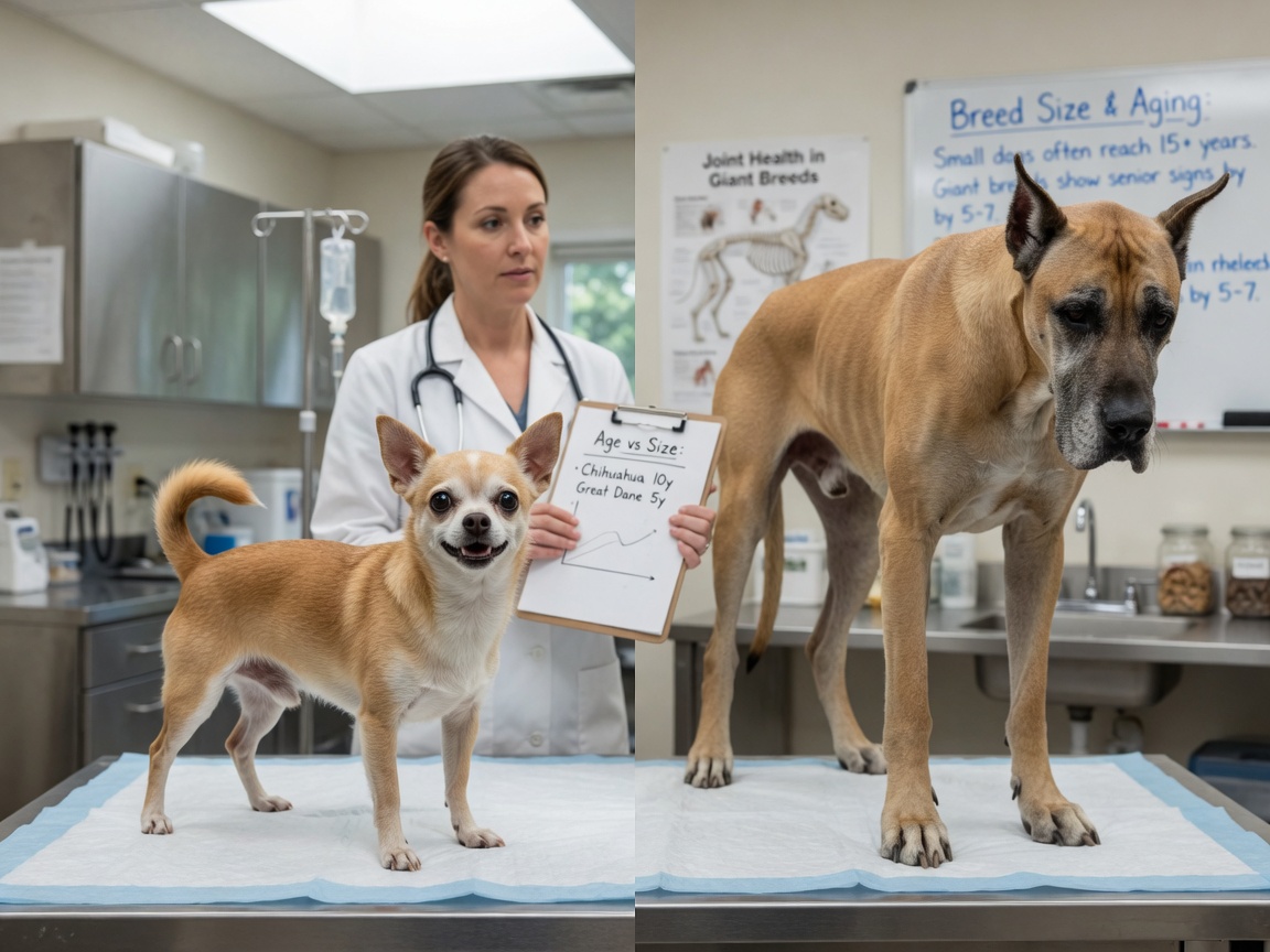 Veterinary comparison showing healthy 10-year-old Chihuahua and aging 5-year-old Great Dane with vet examining both