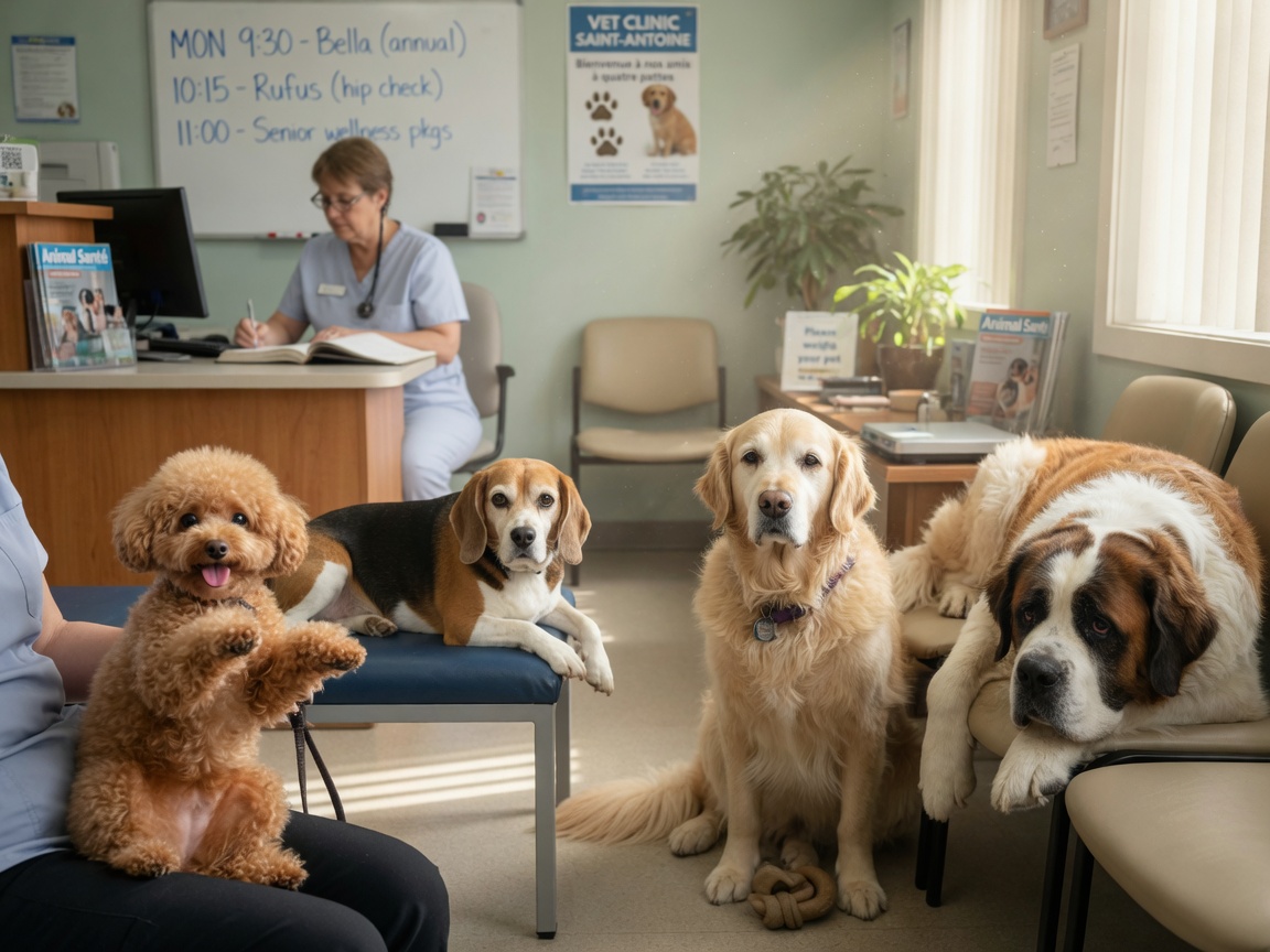 Four different breed sizes in veterinary clinic showing age progression from small to giant breeds