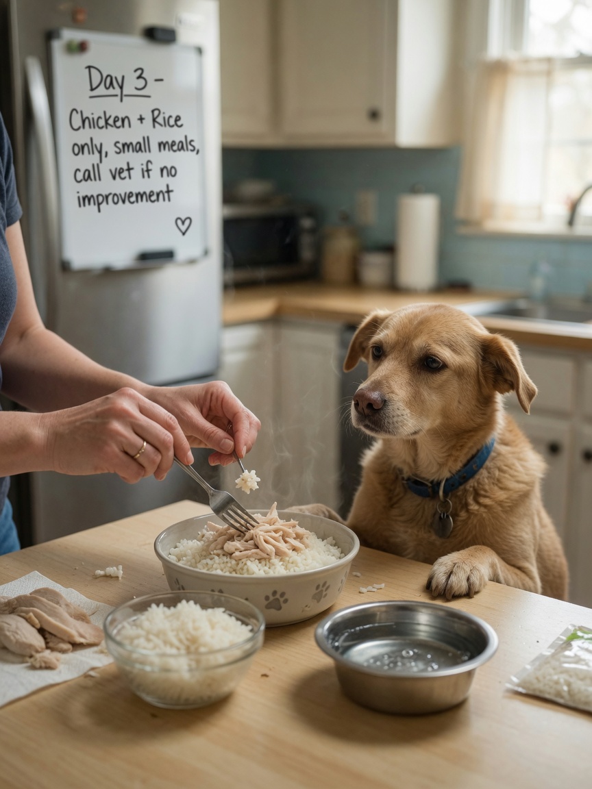 Dog owner preparing bland boiled chicken and rice recovery meal for a dog with diarrhea at home