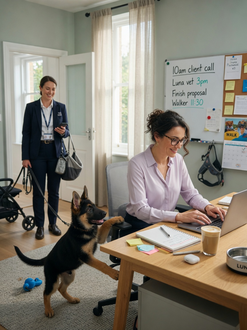 Professional woman at desk with German Shepherd puppy and dog walker in background, illustrating work-life balance with pet care support