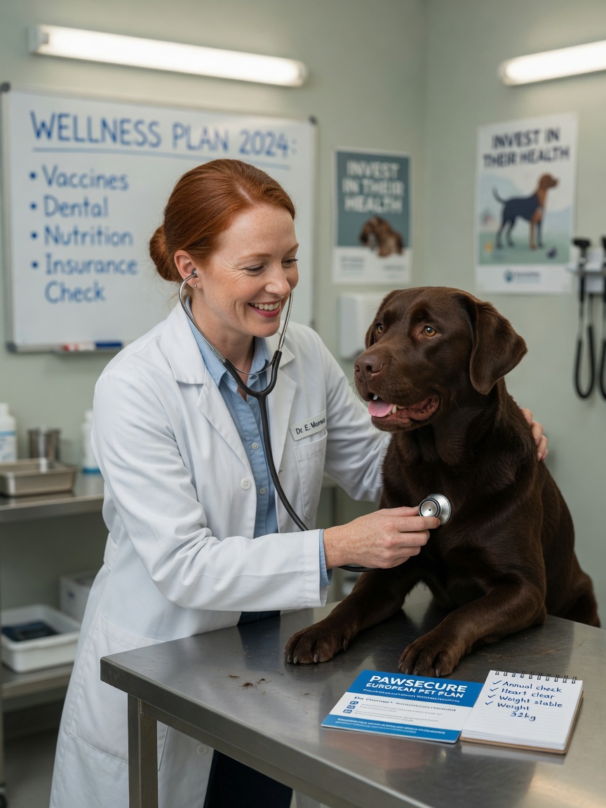 Veterinarian performing health check on Labrador Retriever during wellness examination with pet insurance and medical record nearby