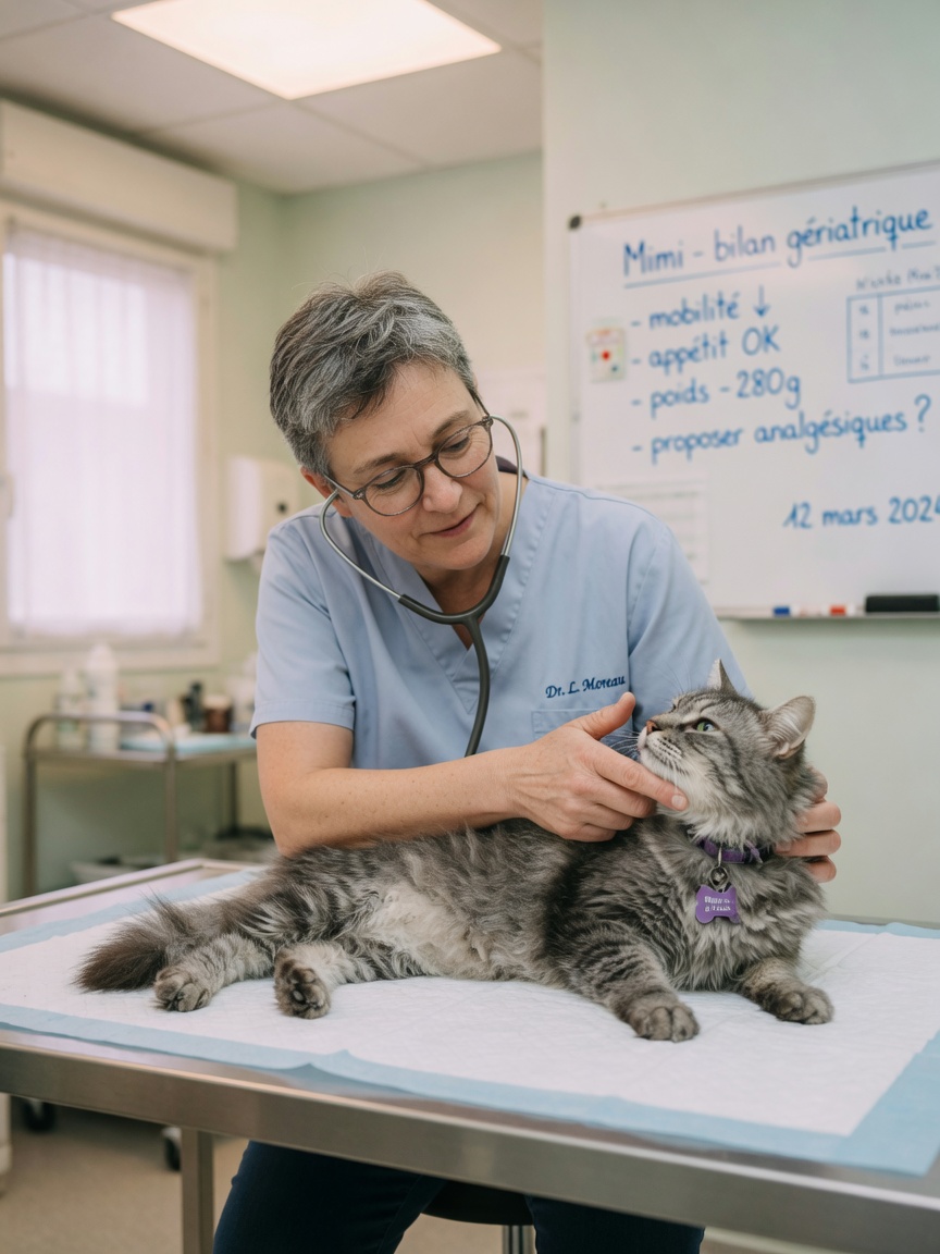Veterinarian gently assessing an elderly cat's wellbeing during a quality of life evaluation