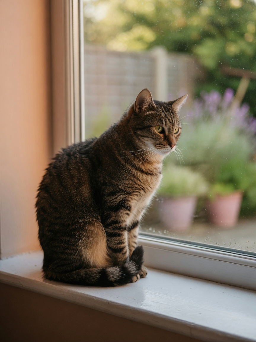 Tabby cat sitting still on windowsill with withdrawn posture, hiding internal suffering