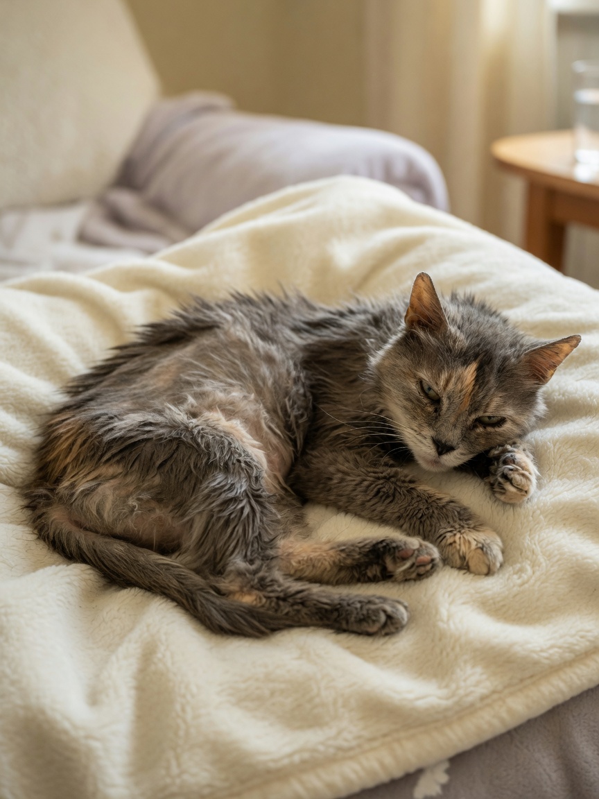Elderly senior cat with visible physical signs of terminal decline resting peacefully on soft bedding