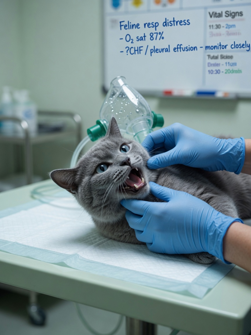 Cat with open-mouth breathing and pale gums showing respiratory distress in emergency veterinary care
