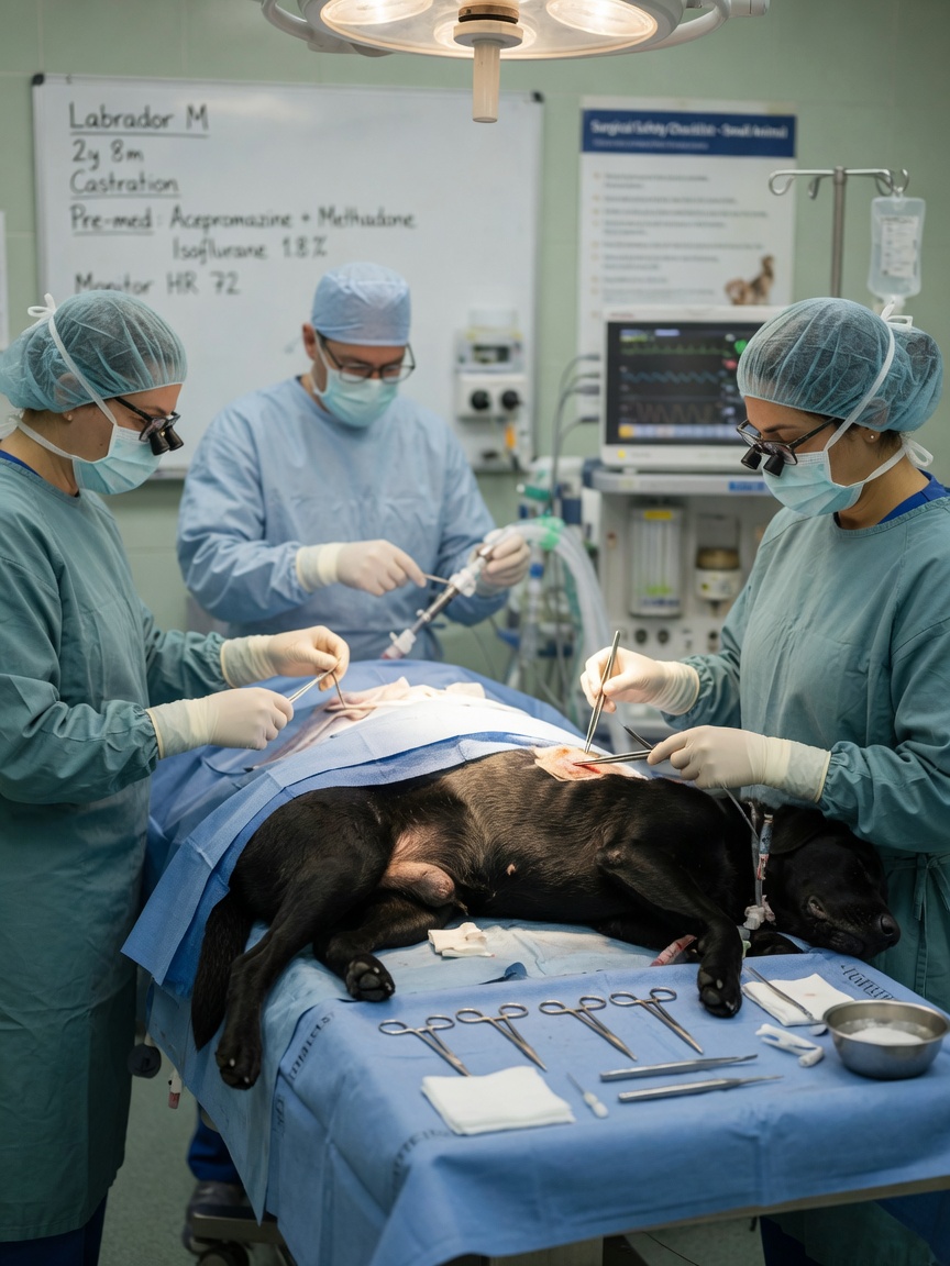 Een veterinair chirurgisch team voert een castratieprocedure uit op een zwarte Labrador Retriever onder algehele anesthesie in een modern operatiekamers.