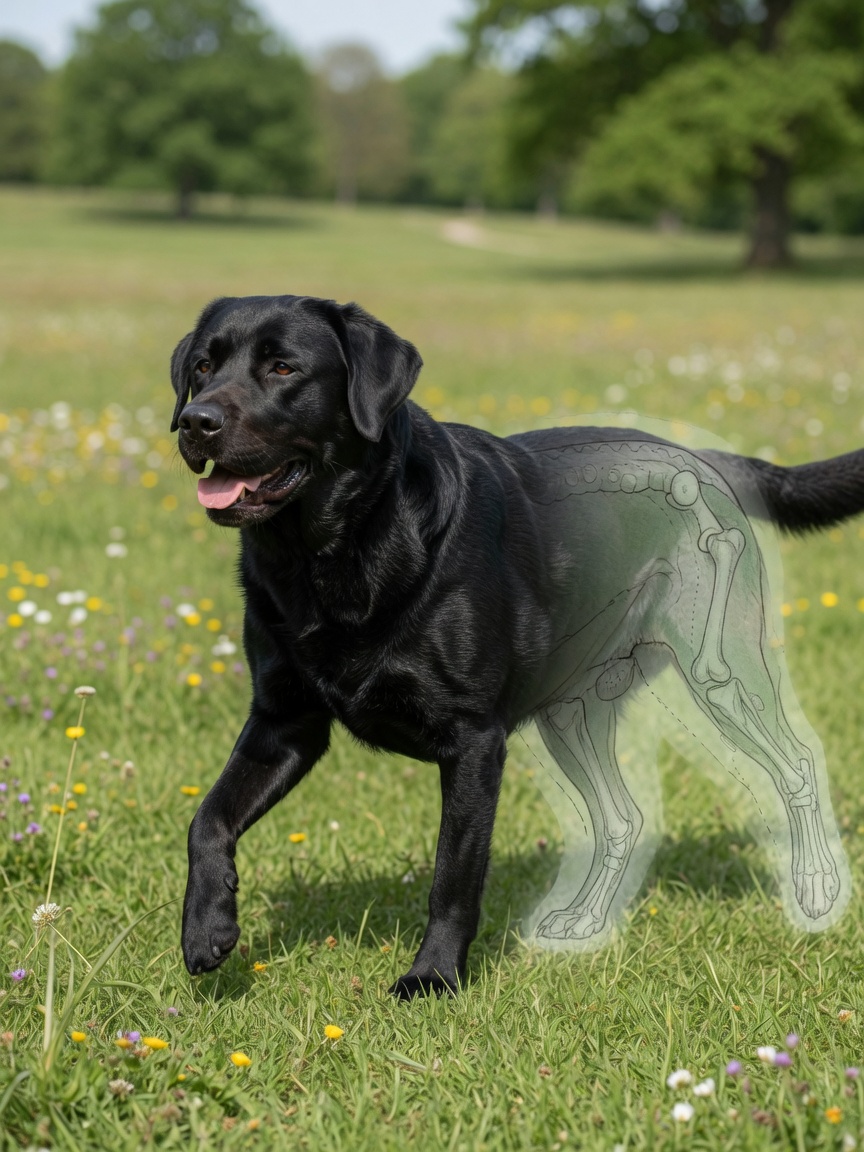 Healthy Labrador Retriever walking in park with conceptual visualization of bone growth plates