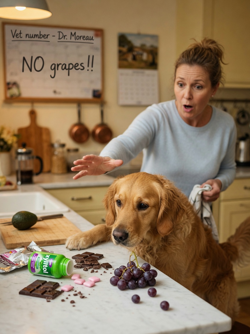 Golden Retriever sniffing near toxic foods including chocolate, grapes, and sugar-free gum