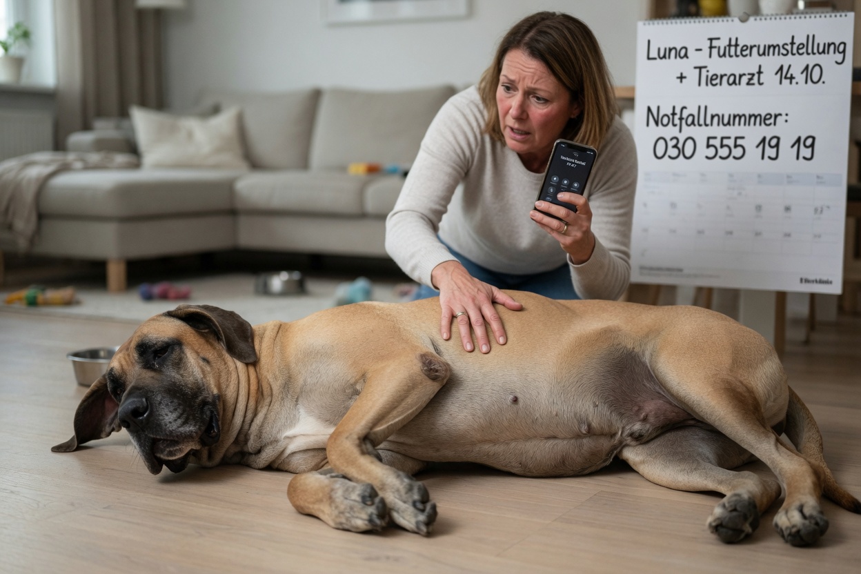 Great Dane with visibly distended abdomen from bloat, owner in distress calling emergency vet