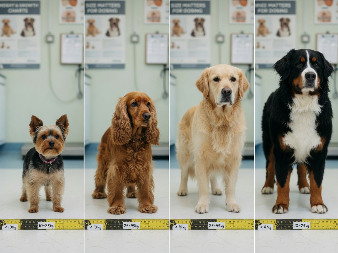 Quatro cadelas de diferentes tamanhos representando categorias de raças desde diretrizes de esterilização de raças pequenas a gigantes