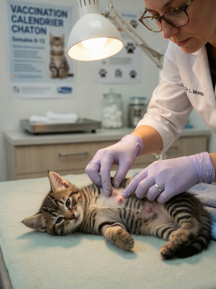 Veterinarian performing a mammary gland examination on a young female kitten during a health check