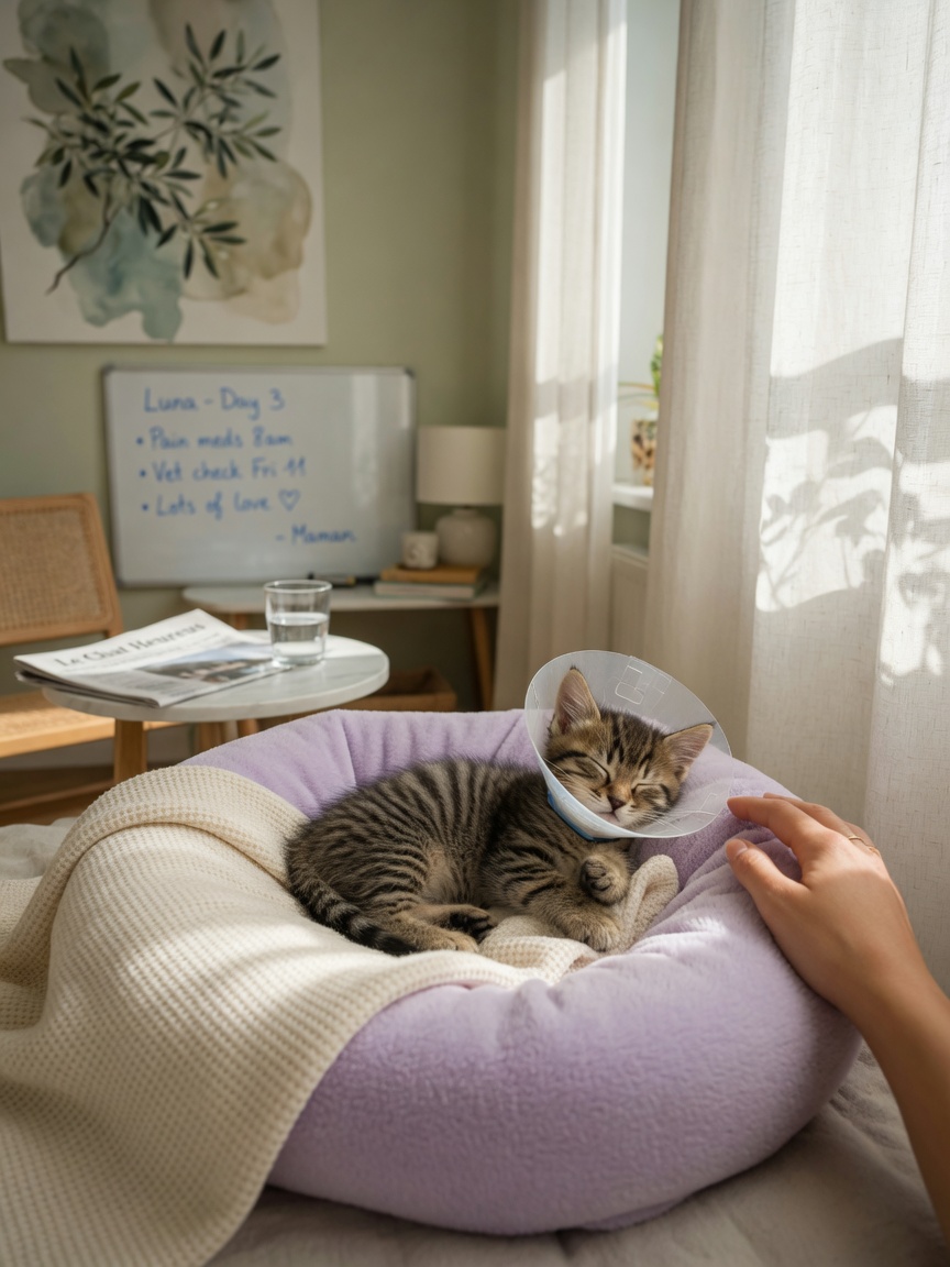 Young tabby kitten resting comfortably in recovery with protective collar, owner's hand nearby providing comfort