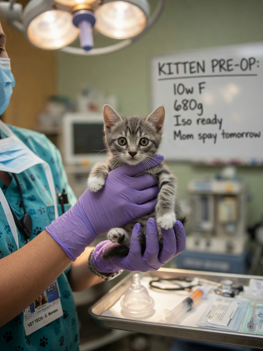 Tiny 10-week-old grey tabby kitten held gently by veterinary technician in surgical scrubs during pre-operative preparation