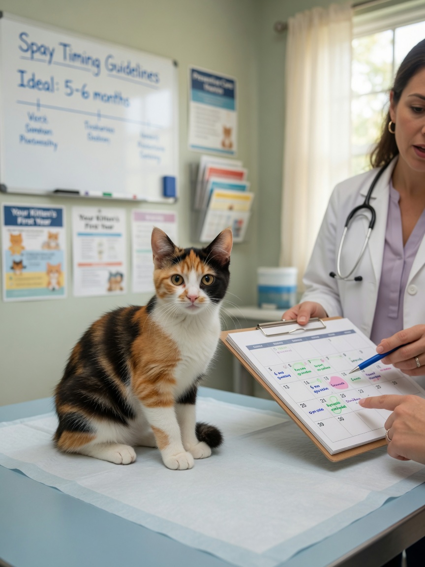 Five-month-old calico kitten on veterinary consultation table with veterinarian reviewing appointment timing with owner