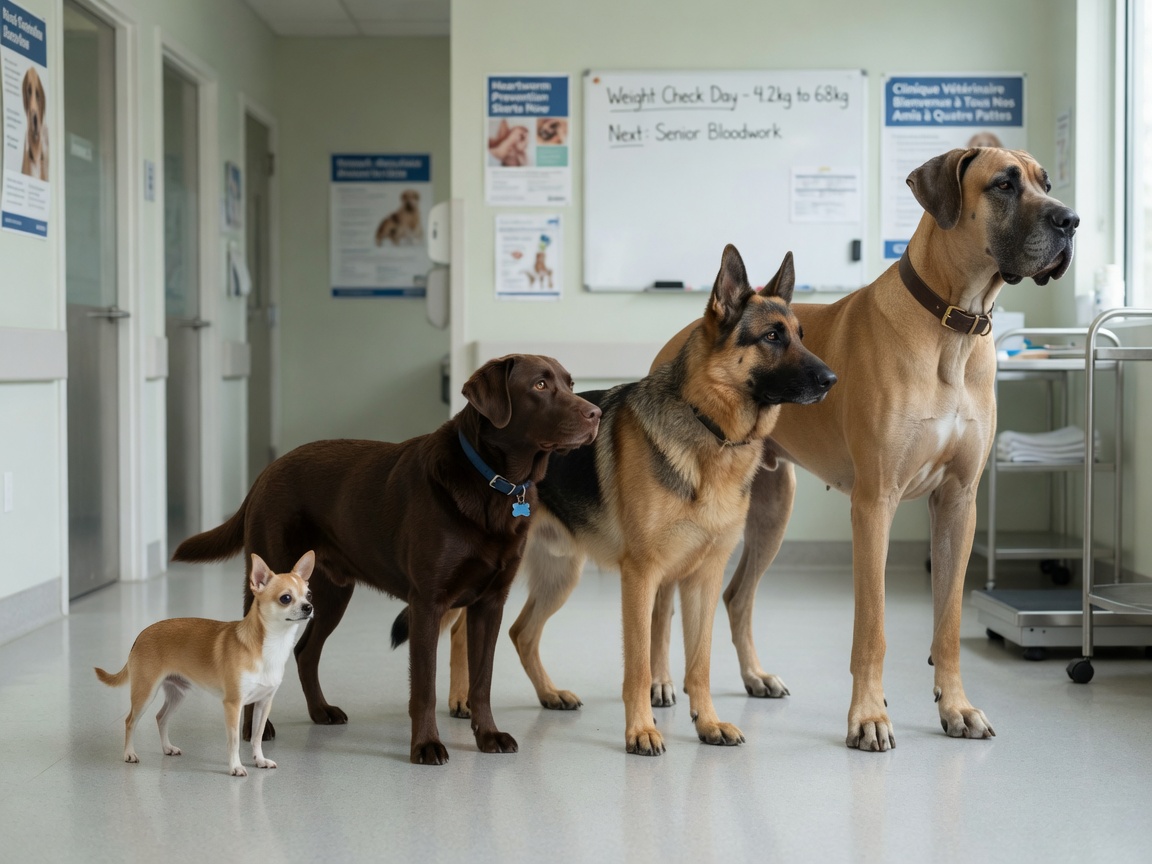 Four dogs of varying sizes—small Chihuahua, medium Labrador Retriever, large German Shepherd, and giant Great Dane—standing side by side in a veterinary clinic