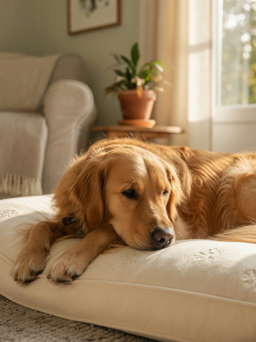 Settled adult Golden Retriever resting peacefully on a soft cream dog bed in warm sunlight, demonstrating calm behavioral management