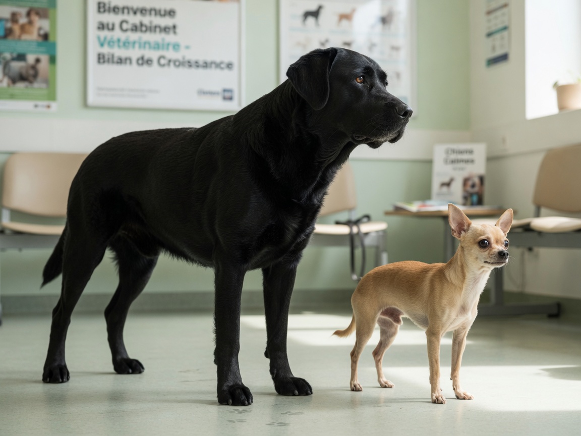Size comparison between a large Labrador Retriever and a small Chihuahua showing skeletal maturity differences