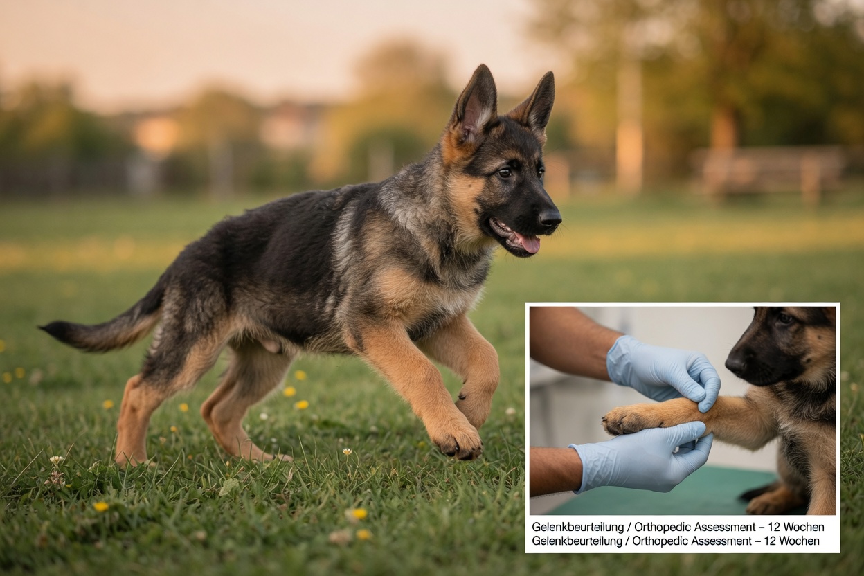 German Shepherd puppy during play with veterinarian demonstrating joint assessment for spay/neuter timing