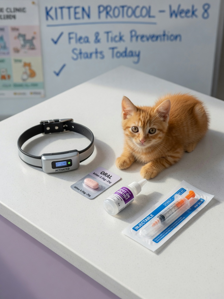 Display of various flea and tick prevention methods for kittens including collars, oral medications, topical treatments, and injectable options with a curious young ginger kitten