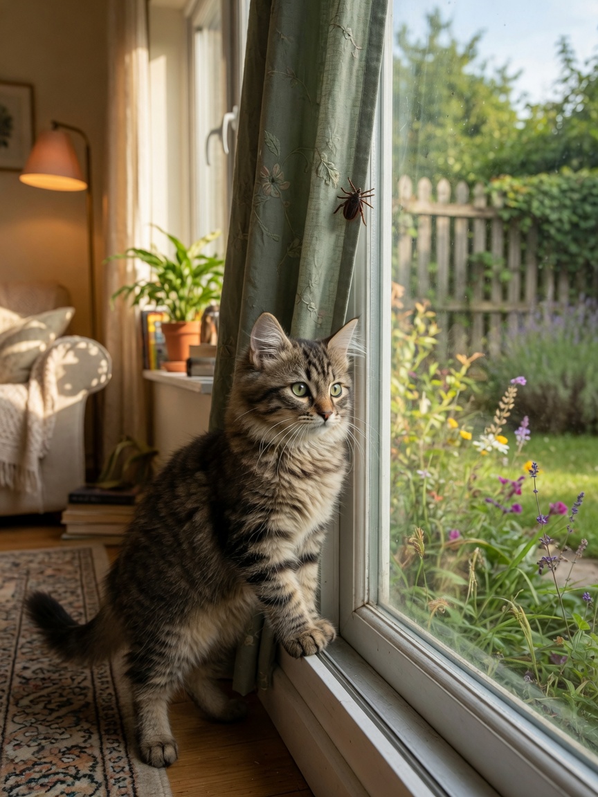 Tabby kitten looking out through a glass door at outdoor environment, illustrating indoor-outdoor parasite exposure risks