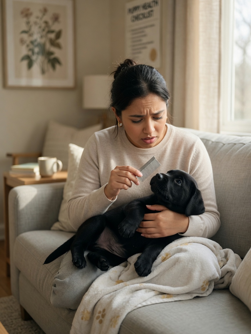 New puppy owner using a fine-toothed flea comb to check a young black Labrador puppy's coat for parasites at home
