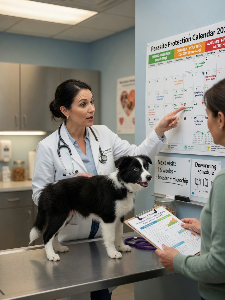 Veterinarian discussing flea and tick treatment schedule with dog owner and 12-week-old Border Collie puppy in examination room