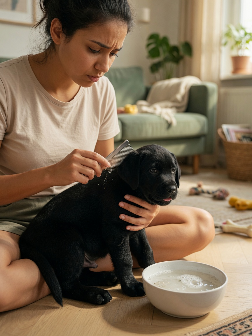 Owner using a fine-toothed comb on a young black Labrador puppy over a bowl of soapy water at home