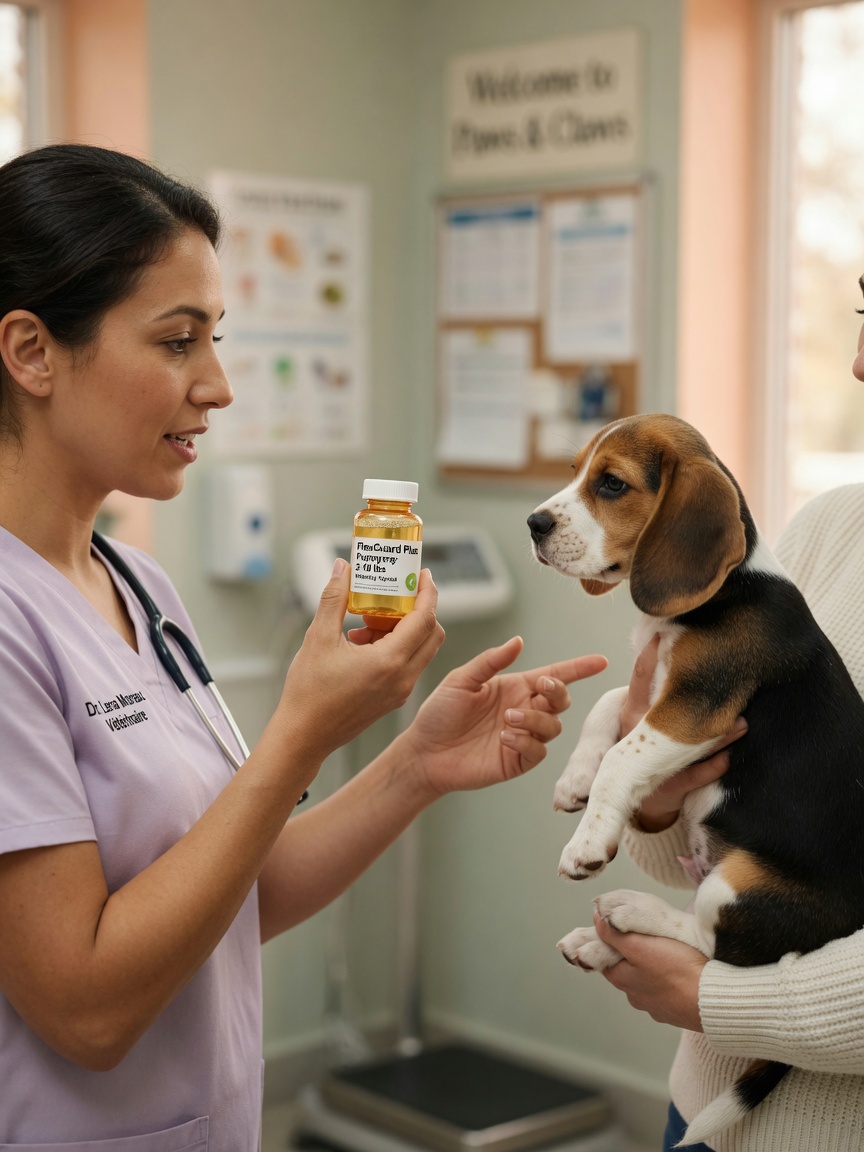 Veterinarian discussing prescription flea prevention with a puppy owner holding their 8-week-old Beagle